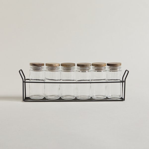 SET X 6 ESPECIEROS VIDRIO Y ACACIA EN RACK 90 ML - 30X4X10 CM