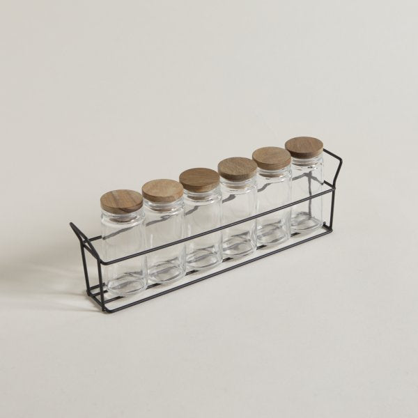 SET X 6 ESPECIEROS VIDRIO Y ACACIA EN RACK 90 ML - 30X4X10 CM