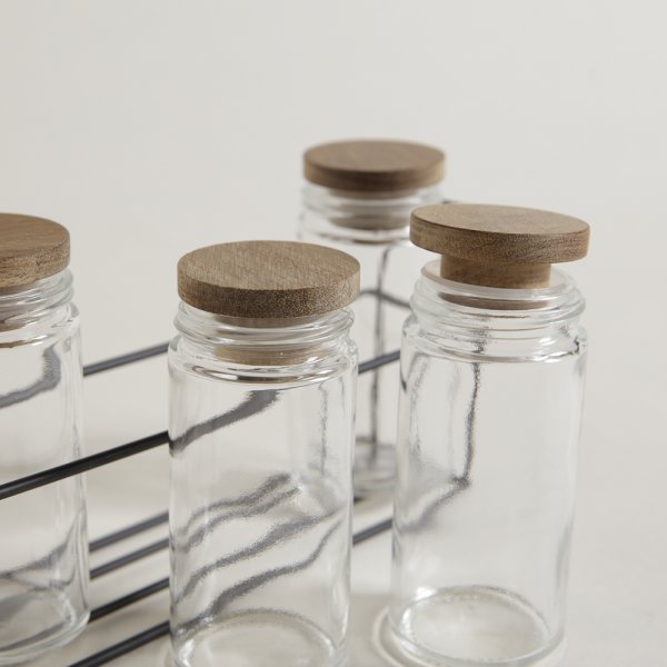 SET X 6 ESPECIEROS VIDRIO Y ACACIA EN RACK 90 ML - 30X4X10 CM