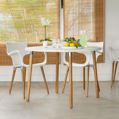 Mesa Camelia redonda Tapa Blanca Patas de Madera Natural