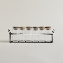 SET X 6 ESPECIEROS VIDRIO Y ACACIA EN RACK 90 ML - 30X4X10 CM