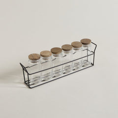 SET X 6 ESPECIEROS VIDRIO Y ACACIA EN RACK 90 ML - 30X4X10 CM