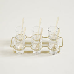 Set x 6 copetineros de vidrio con cuchara y rack de metal