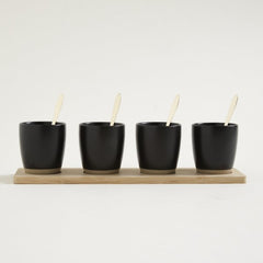 Set x4 copetineros de porcelana negra con base de bamboo