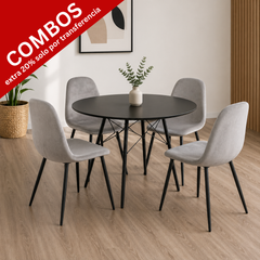 Mesa eames 1 mts tapa de madera con patas negras  + 4 Sillas soho grises con patas negras