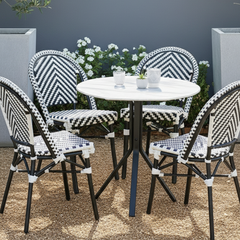 Silla French bistro esterillado de simil ratan plástico con patas negras - negro y blanco