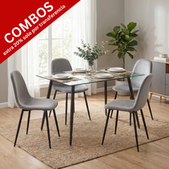 Mesa pop vidrio 1.20 mts con patas negras   + 4 Sillas soho grises con patas negras