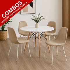 Mesa eames de tapa blanca 1 mts + 4 sillas soho beige con patas blancas