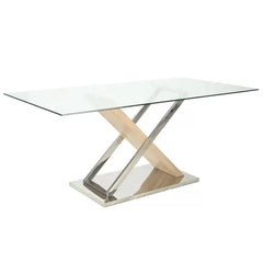Mesa exxe con tapa de vidrio templado y patas de madera/cromadas