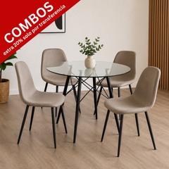 Mesa eames de vidrio 1 mts + 4 sillas soho beige con patas negras