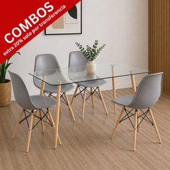 Mesa pop vidrio 1.20 mts con patas naturales  + 4 Sillas eames grises con patas naturales
