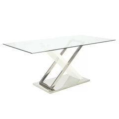 Mesa exxe con tapa de vidrio templado y patas de madera/cromadas