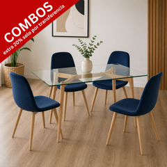 Mesa Hygge de 1.40 mts con patas color natural + 4 sillas soho azul