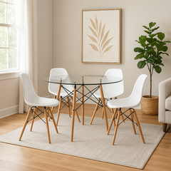Combo: Mesa eames de 0.80 mts + 4 sillas eames en color blanco y patas naturales