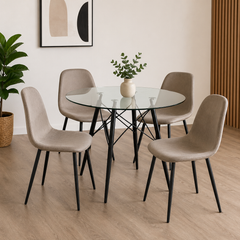Mesa eames de vidrio 1 mts + 4 sillas soho beige con patas negras