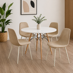 Mesa eames de tapa blanca 1 mts + 4 sillas soho beige con patas blancas