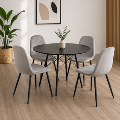 Mesa eames 1 mts tapa de madera con patas negras  + 4 Sillas soho grises con patas negras