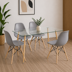 Mesa pop vidrio 1.20 mts con patas naturales  + 4 Sillas eames grises con patas naturales