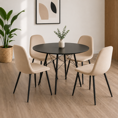 Mesa eames 1 mts tapa de madera con patas negras  + 4 Sillas soho beige con patas negras