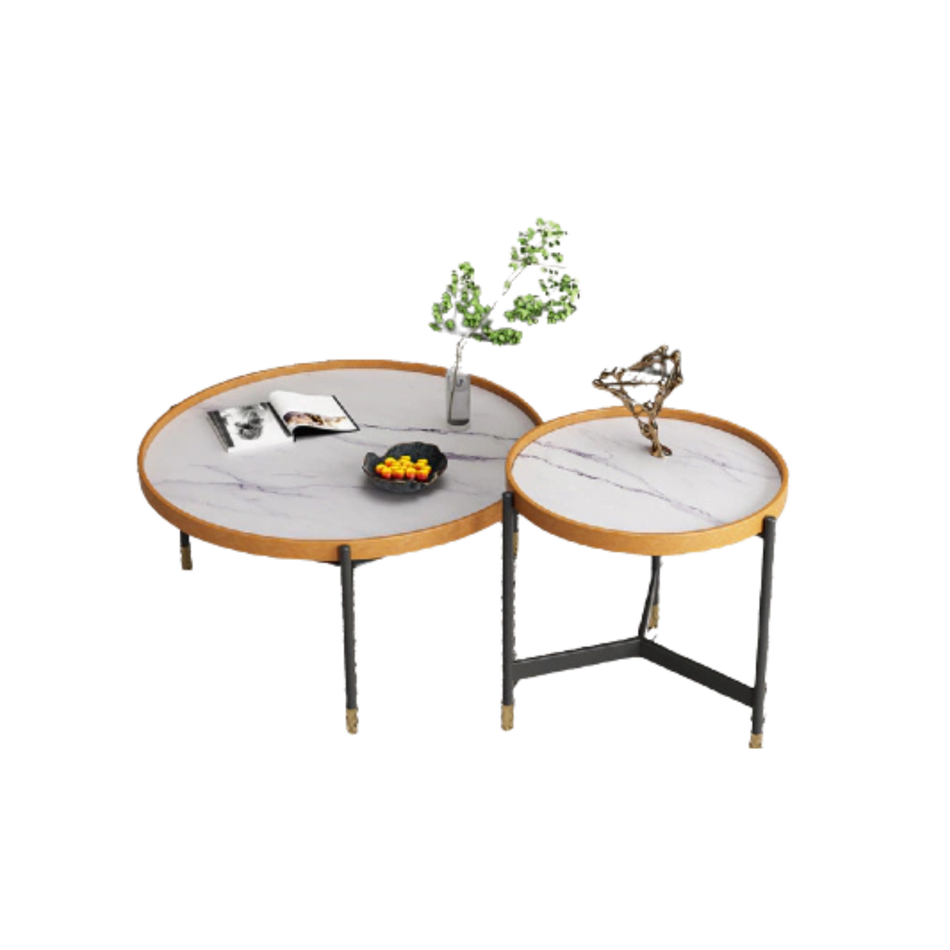 Mesa ratona dinasty x2 con tapa simil mármol y base metálica.