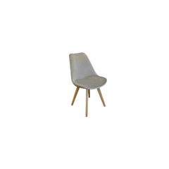 Silla Tulip tapizada en pana con patas de madera natural.