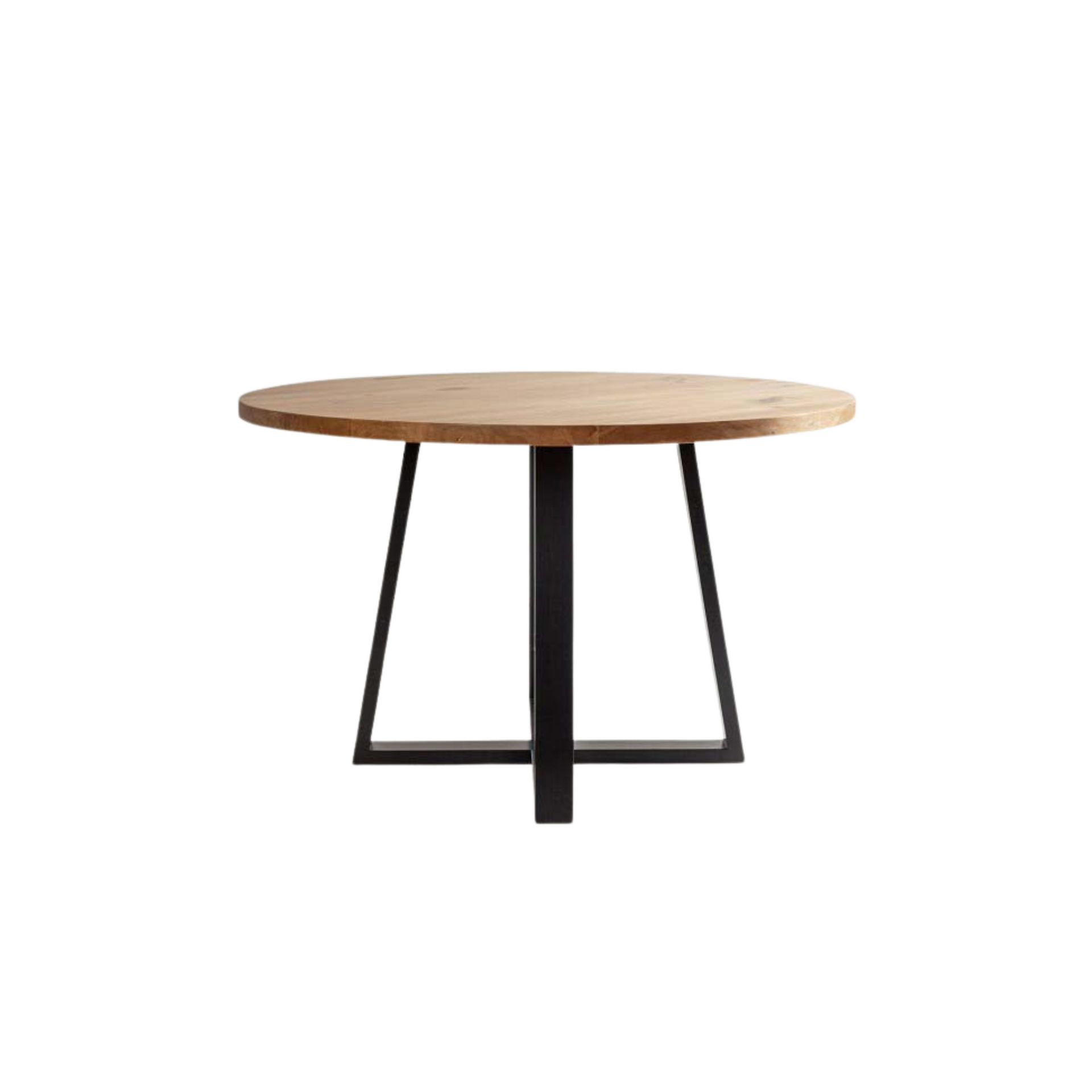 Mesa de comedor redonda 120 cm de álamo teñida de petiribi y patas negras.