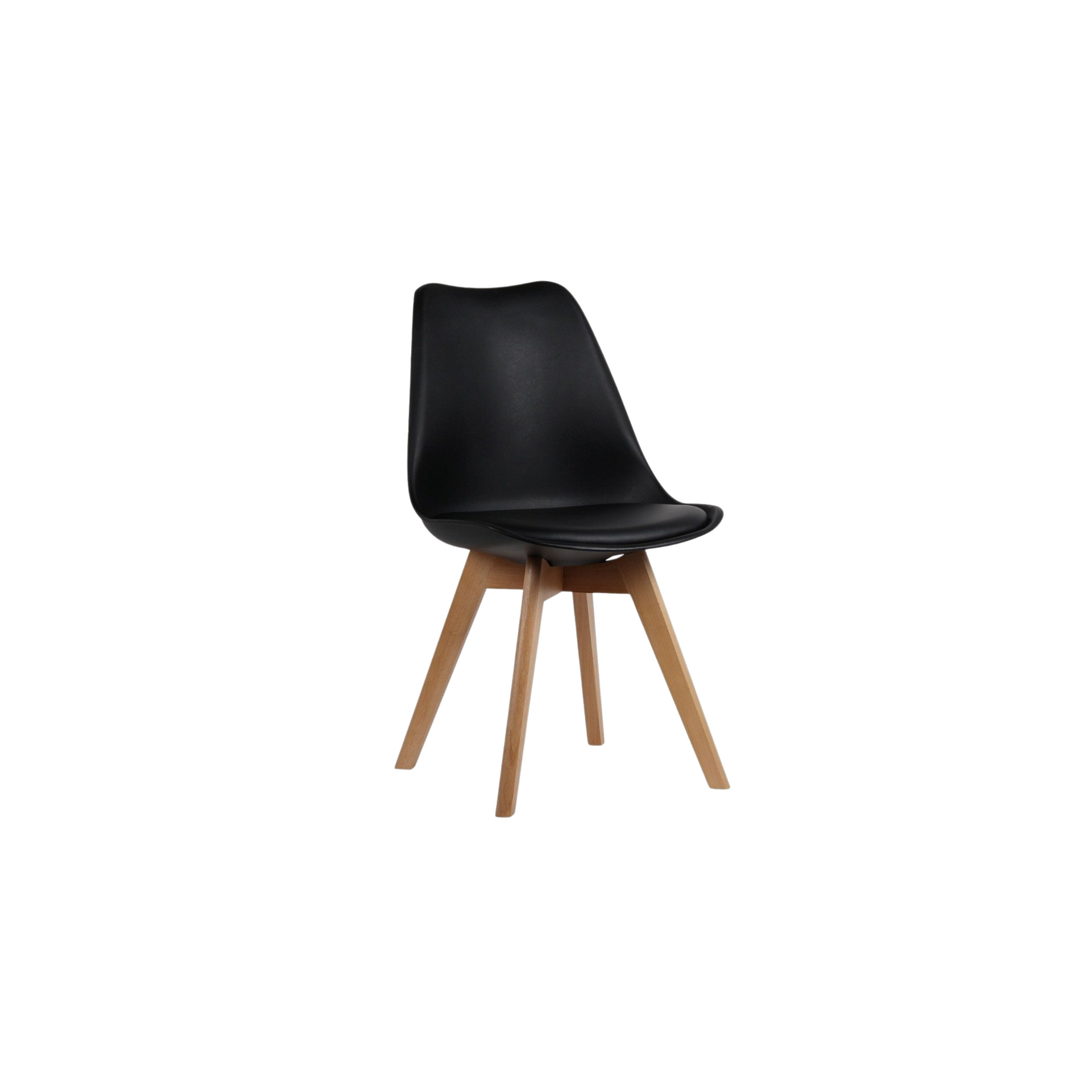 Silla Tulip de plástico con almohadón tapizado en ecocuero  negro y patas de madera natural