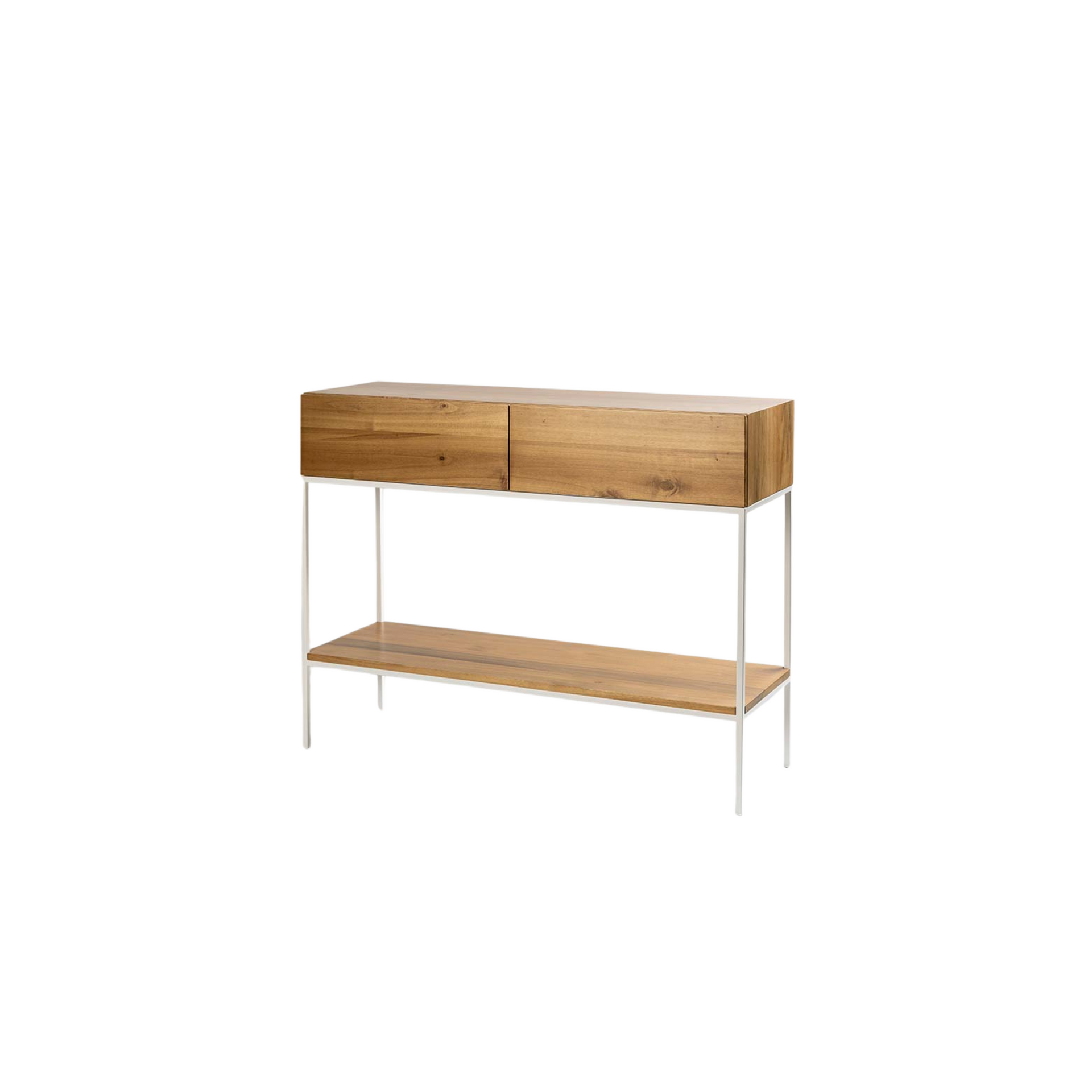 Consola con dos cajones de madera álamo teñida y hierro blanco.