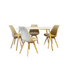 Combo: Mesa eames de 1.20 mts + 4 sillas tulip tapizadas beige con patas naturales