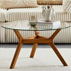 Mesa ratona heyra con tapa de vidrio y patas de madera natural