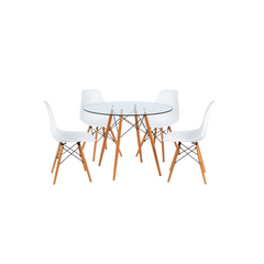 Combo: Mesa eames de 0.80 mts + 4 sillas eames en color blanco y patas naturales
