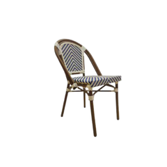 Silla French bistro esterillado de simil ratan plástico con patas marrones - blanco y azul