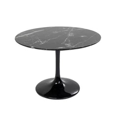 Mesa Tulip redonda tapa porcelanato simil marmol negra y pata negra metalica