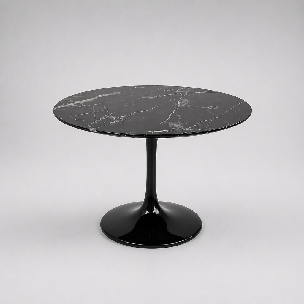 Mesa Tulip redonda tapa porcelanato simil marmol negra y pata negra metalica