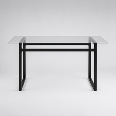 Mesa zipp de vidrio y base negra.