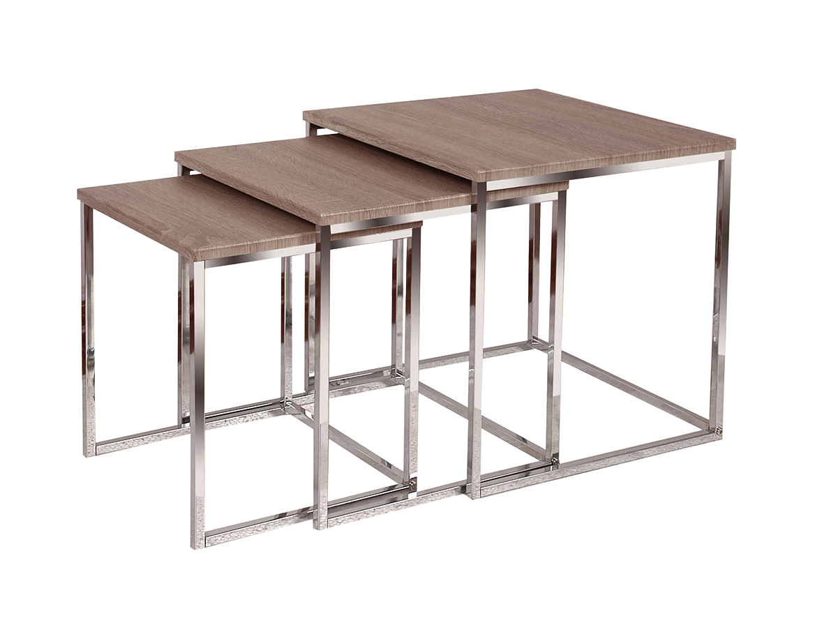 Mesa ratona nido cubo x3 en color natural o en wengue con patas cromadas.