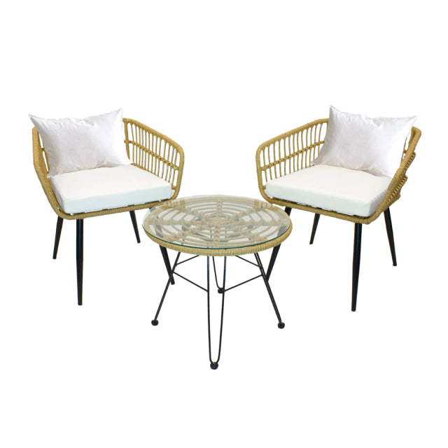 Set de exterior IBIZA: Mesa + 2 sillas rattan color natural con patas negras
