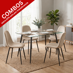 Mesa pop vidrio 1.20 mts con patas negras   + 4 Sillas soho beige con patas negras