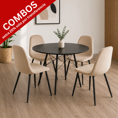 Mesa eames 1 mts tapa de madera con patas negras  + 4 Sillas soho beige con patas negras