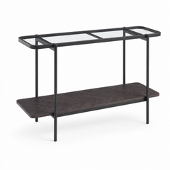Consola jacky de vidrio y de madera natural con patas metálicas negras