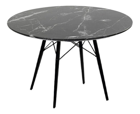 Mesa Eames redonda tapa de vidrio simil marmol negro y patas negras - 1 mts diámetro