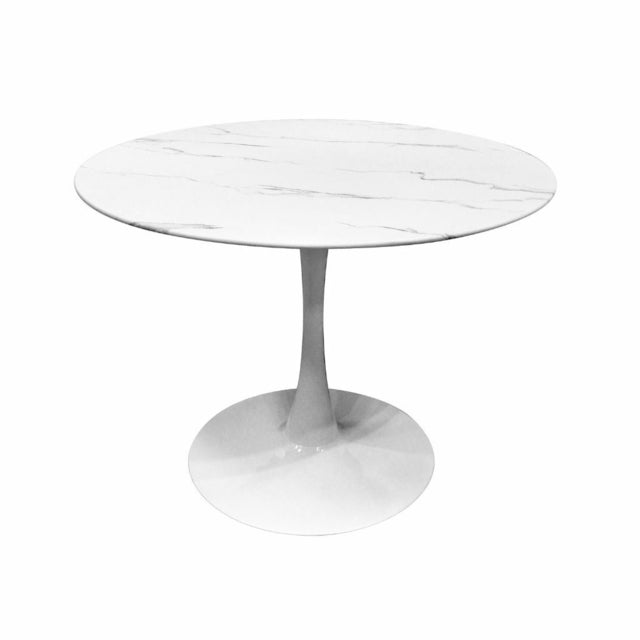 Mesa Tulip redonda tapa de vidrio templado blanca simil marmol y pata blanca metálica