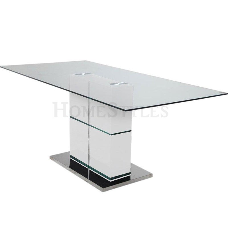 Mesa de comedor VANITY con tapa de vidrio templado y patas de madera color blanco- 1.60 mts x 90 cm