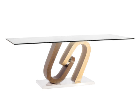 Mesa Alfie con tapa de vidrio templado y patas de madera natural/chocolate - 2 mts x 0.90 cm