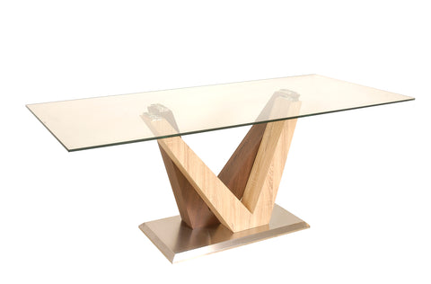 Mesa Dos Maderas con tapa de vidrio templado y patas de madera natural/chocolate - 2 mts x 0.90 cm