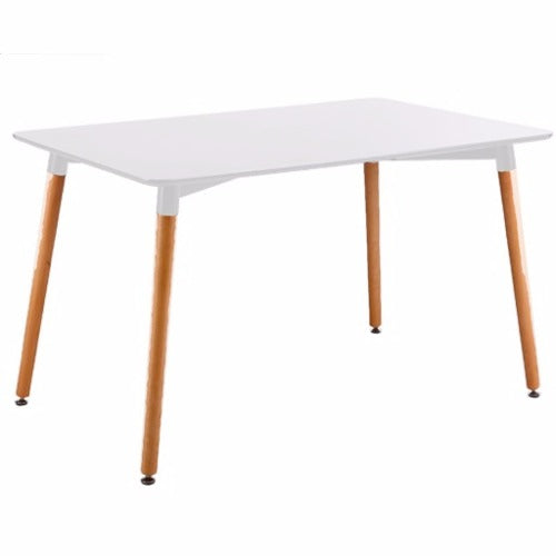 Mesa Eames con tapa blanca y patas de madera redondas