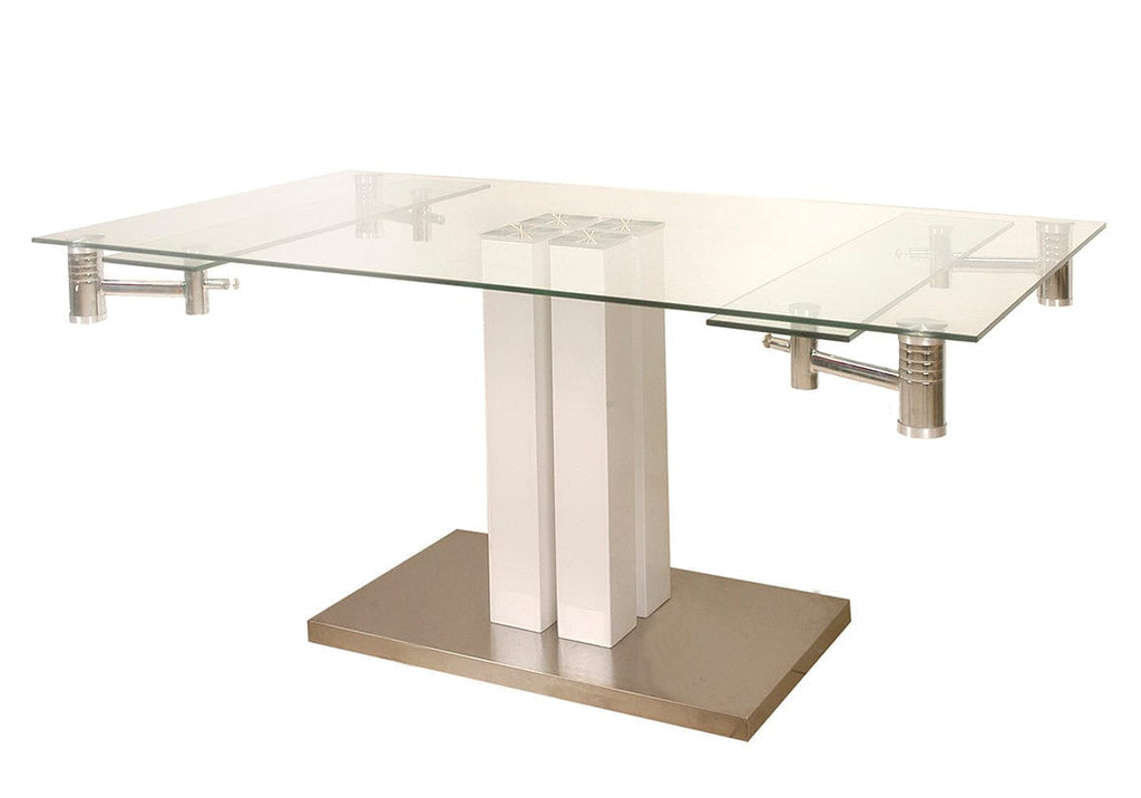 Mesa Harmony extensible con tapa de vidrio templado y patas de madera blancas - 1.60 a 2 mts x 90 cm