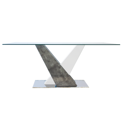 Mesa de comedor elegance con tapa de vidrio templado y patas de madera blanco / Gris