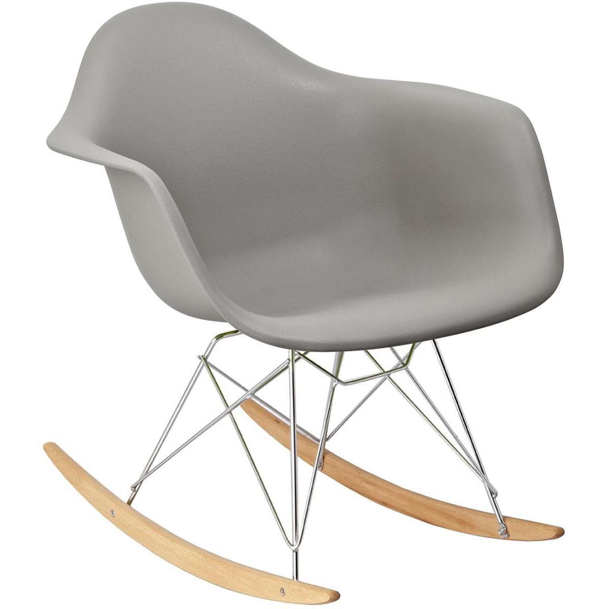 Sillón Eames mecedora de plástico con apoya brazos y patas de madera natural