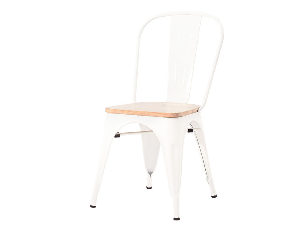 Silla Tolix con asiento de madera y patas metálicas - Blanco